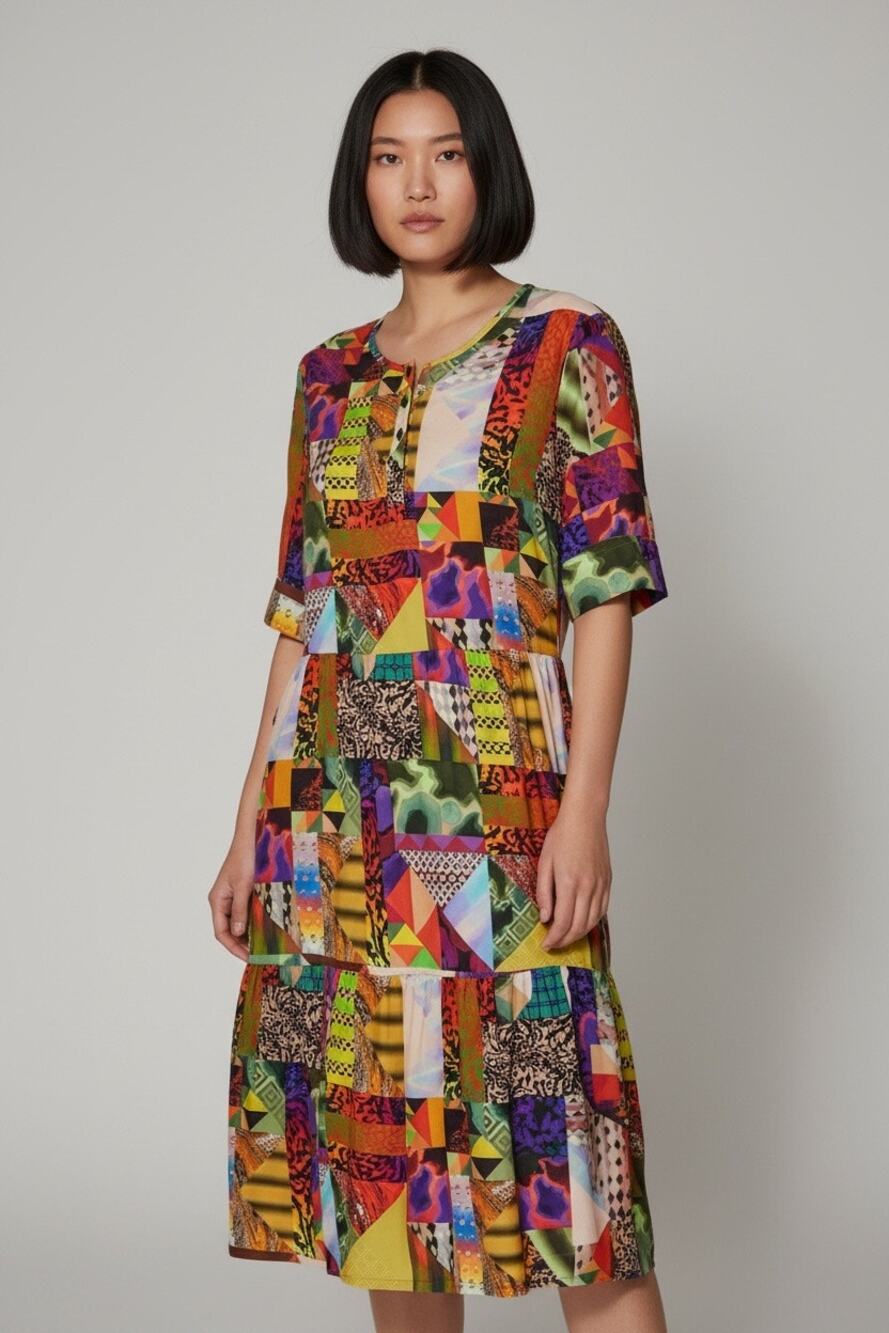 MADELEINE Patchwork Print Tiered Viscose Dress Multi-Color Boho Midi L